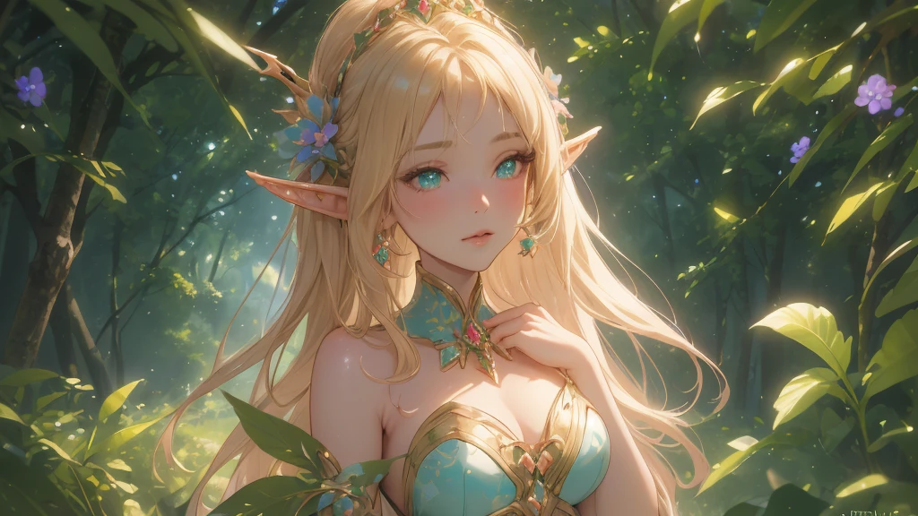 work of art, ultra creative, epic details, ultra detaild, best resolution, Woman, archer, blonde, (Beautiful nymph), (crown with pink and blue flowers), sculptural body, (clothes made with green leaves), ((perfect hands))), scenario:Enchanted Forest),  no mistakes, (((epic details na face))), (((ultra perfect eyes)))