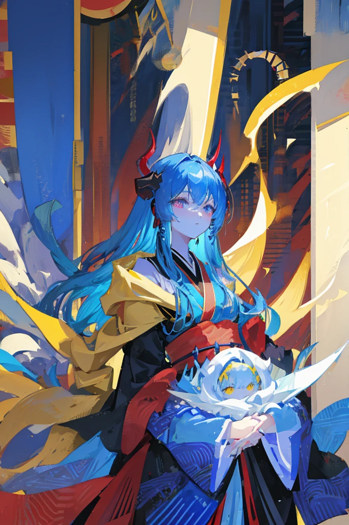 One woman、Blue Skin、Very long hair、Yellow Eyes、Devil horns、Japanese Kimono、Black kimono、upper body,