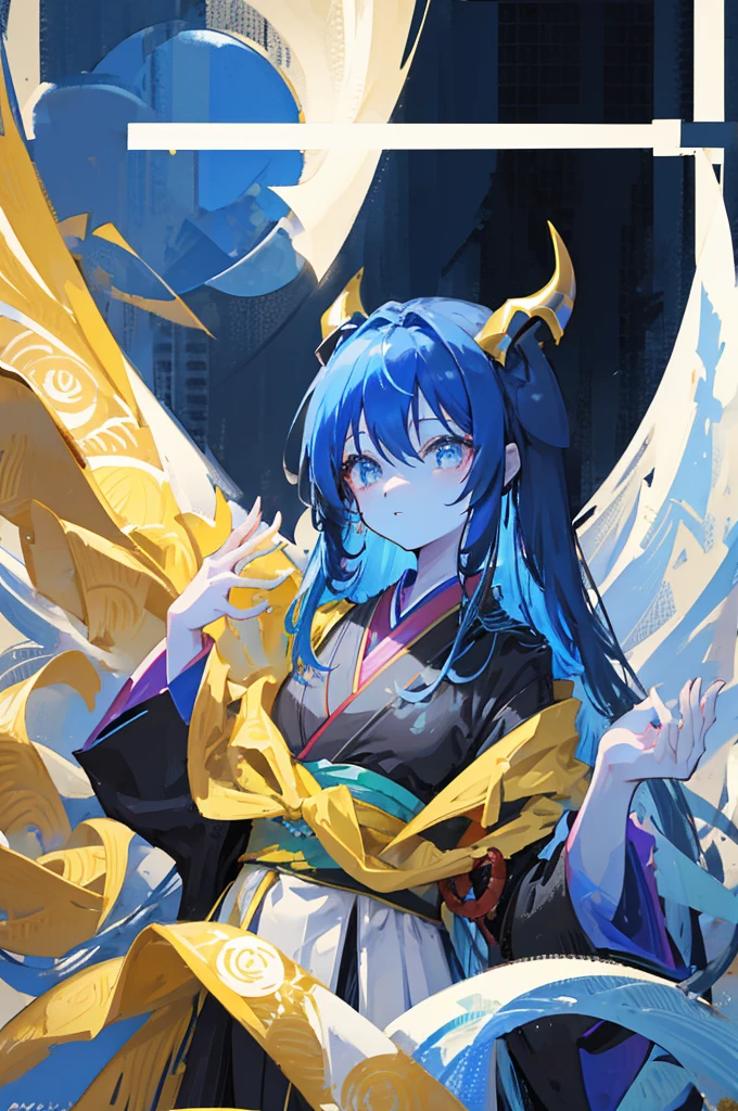 One woman、Blue Skin、Very long hair、Yellow Eyes、Devil horns、Japanese Kimono、Black kimono、upper body,