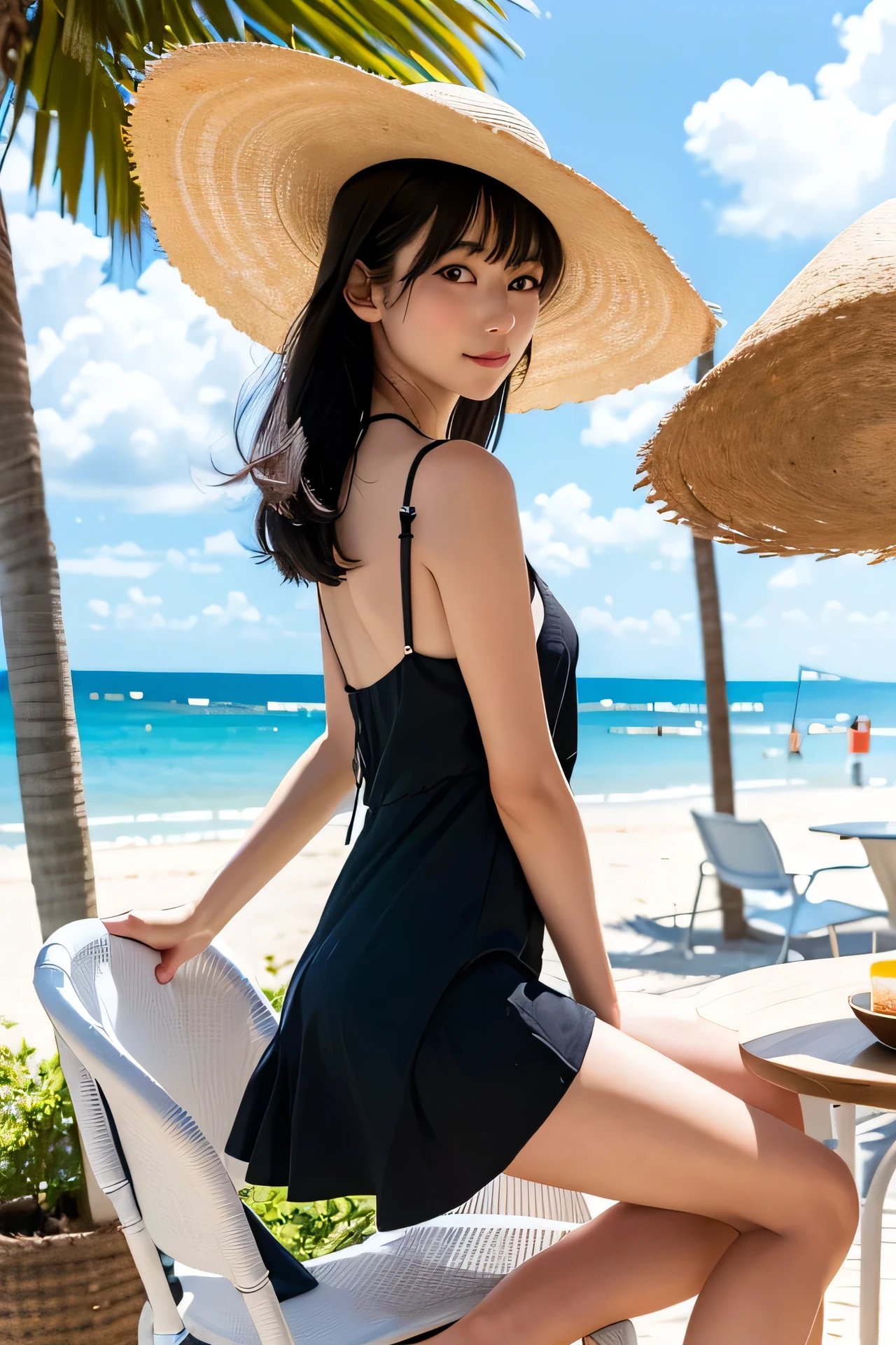 (High Definition), One Girl, Japan Person, Cute, Black hair long, Wearing Summer Dress White, exposing front zipper bra-top Baby-blue, Big straw Hat, leaning Side table, Walking on Board walk at Beach Side, looking side glance, spread legs, show woman shape, Straddling a chair, a glass of drink on a table, Natural lighting