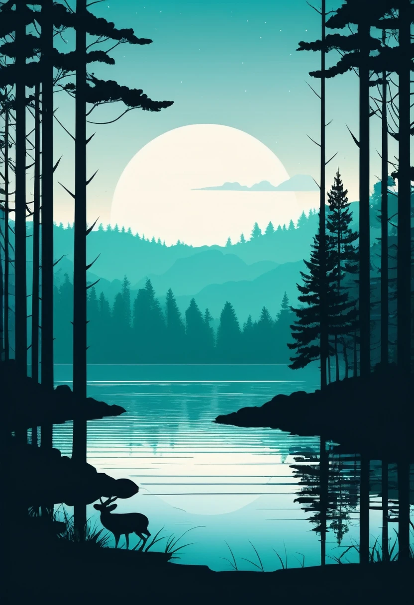Shillouette forest with lake scenery illustration flat design