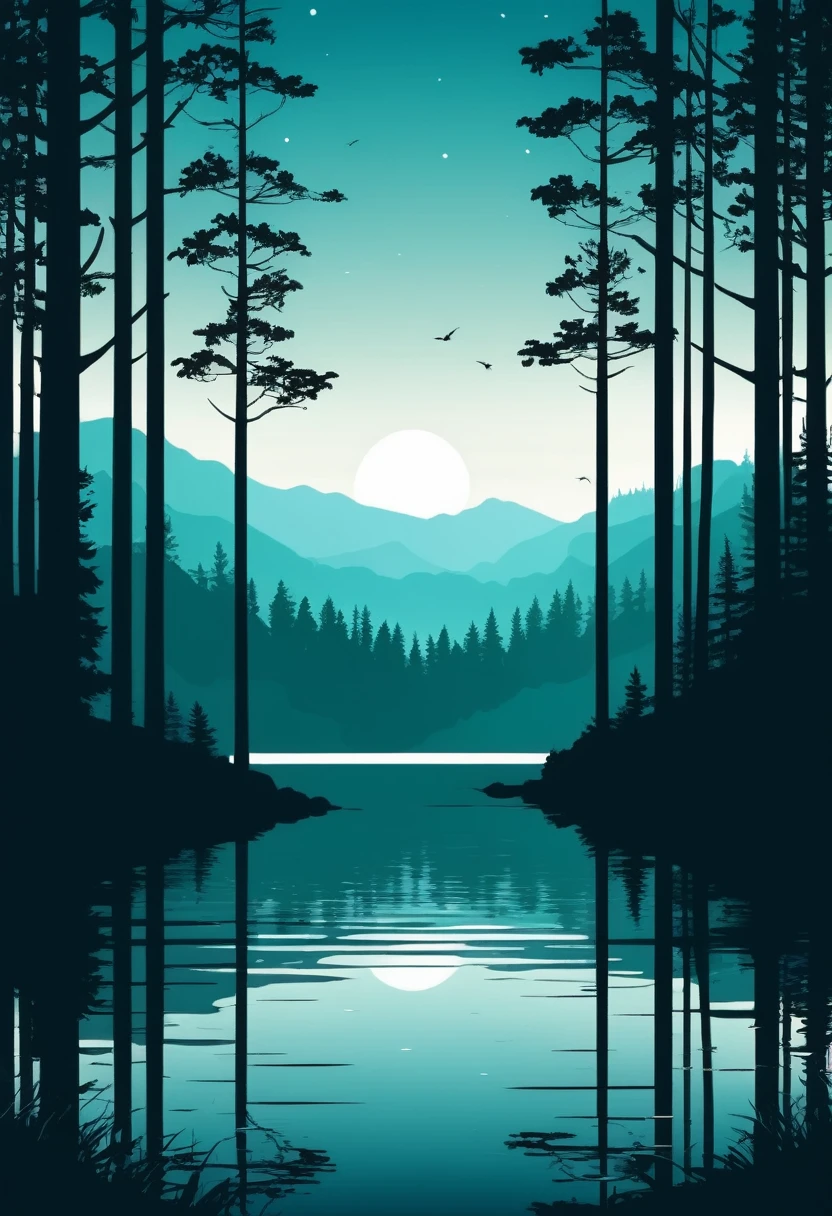 Shillouette forest with lake scenery illustration flat design