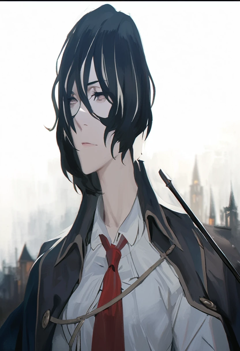 ((adult)), (woman), ((tall)), Moses from distortion detective, masterpiece, best quality, dark aura, short black hair with white strips, (messy hair), plain white shirt, coat over shoulders, white shirt, red scarf tie, (faint smile), realistic anime style, (oil painting), dark old manor background, night, impasto.
