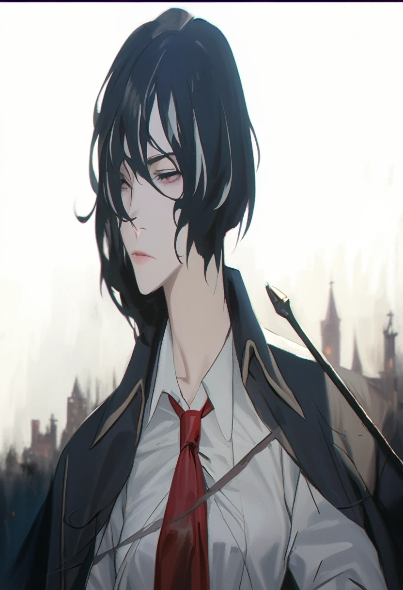 ((adult)), (woman), ((tall)), Moses from distortion detective, masterpiece, best quality, dark aura, short black hair with white strips, (messy hair), plain white shirt, coat over shoulders, white shirt, red scarf tie, (faint smile), realistic anime style, (oil painting), dark old manor background, night, impasto.