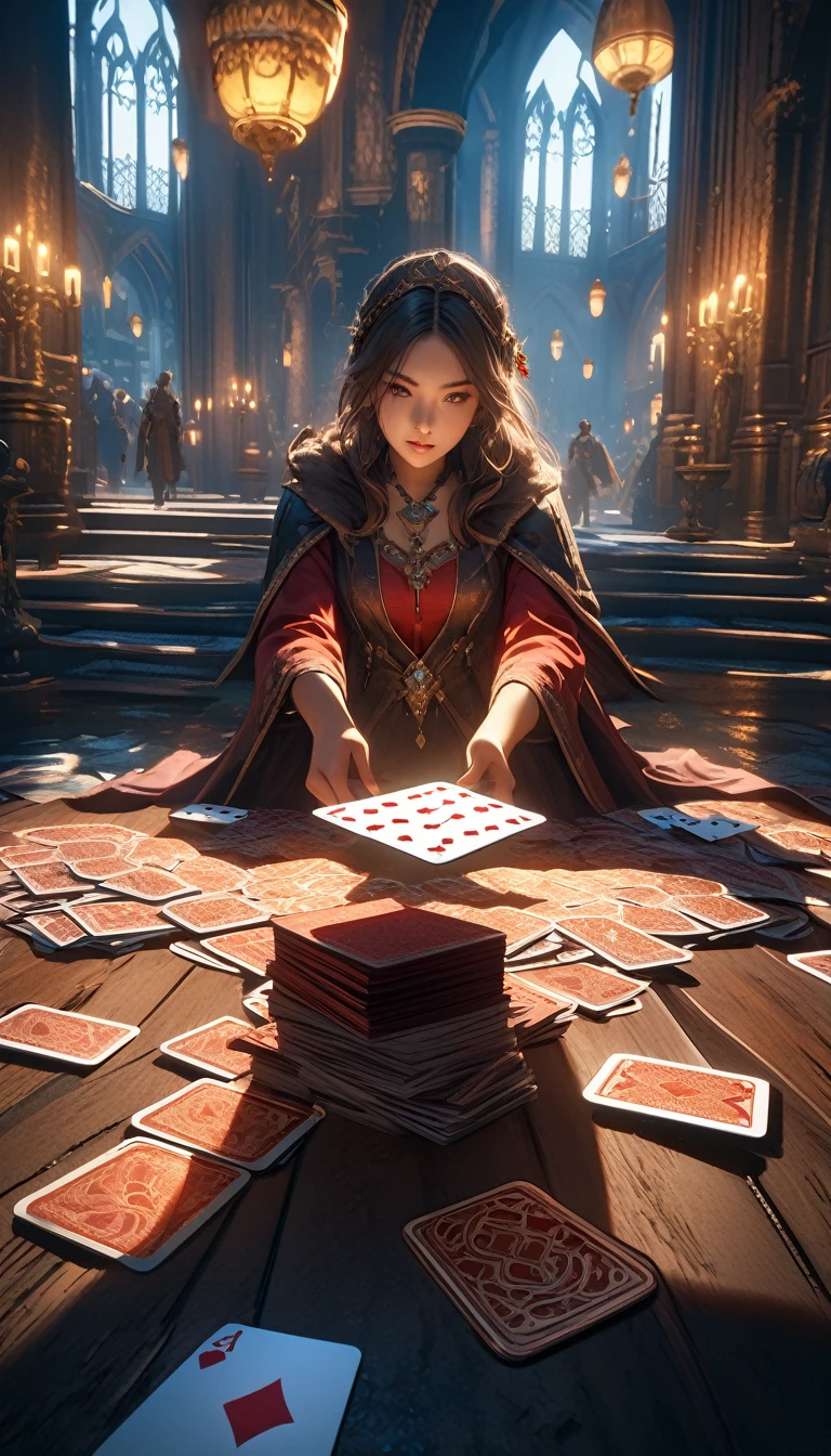 Floating card tricks in a dark fantasy world, Cinematic lighting with dramatic shadows, Exquisite details and atmospheric atmosphere, Rich colors and masterpiece-level realism, Highly detailed 8K HDR images.
