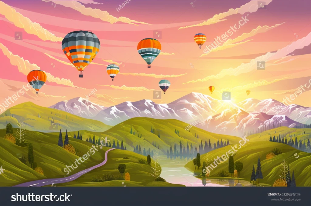 a cartoon illustration of a beautiful mountain landscape with Balloons flying over, fantastic landscape, trending on shutterstock, fantastic background landscape, picturesque landscape, amazing landscape in background, Beautiful landscape, amazing landscape, Scenic colorful environment, Balloons, beautiful picturesque landscape, shutterstock, very detailed landscape, Natural landscape, beautiful detailed scene, epic Beautiful landscape, a Beautiful landscape