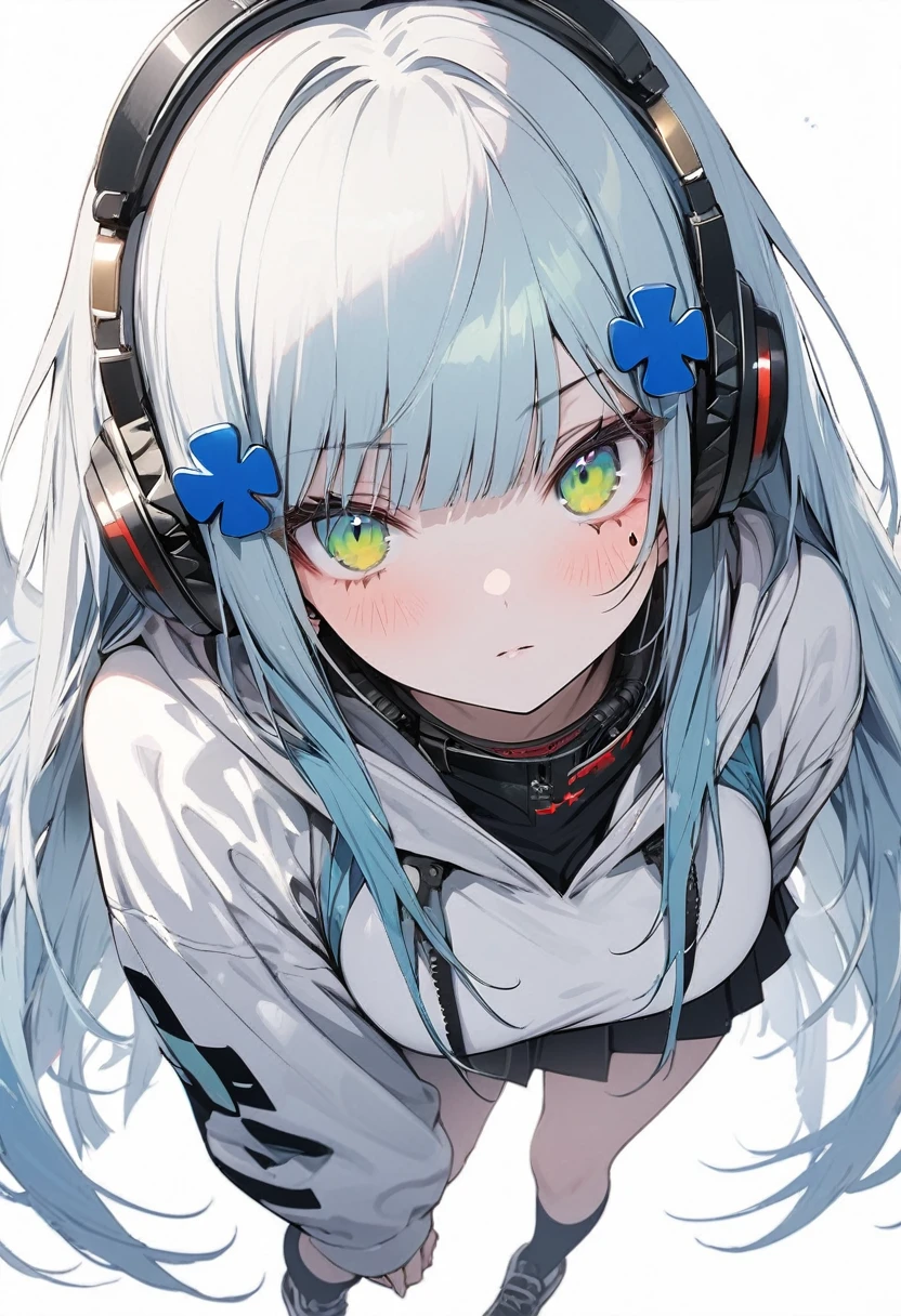 （(1girl)），(((high resolution)))，straight hair,large breatst,(Masterpiece)，(Super detailed)，Simple Background，White background，Cool look,((hk416)) ，Expressionless face，（(Sky blue hair,Straight bangs))，((long hair))，big breasts,Teenage Girls,Clear Eyes，(Green Eyes),Clear white skin,Great graphics,((full body)),((mini skirt)),Oversized hoodie,Headphones