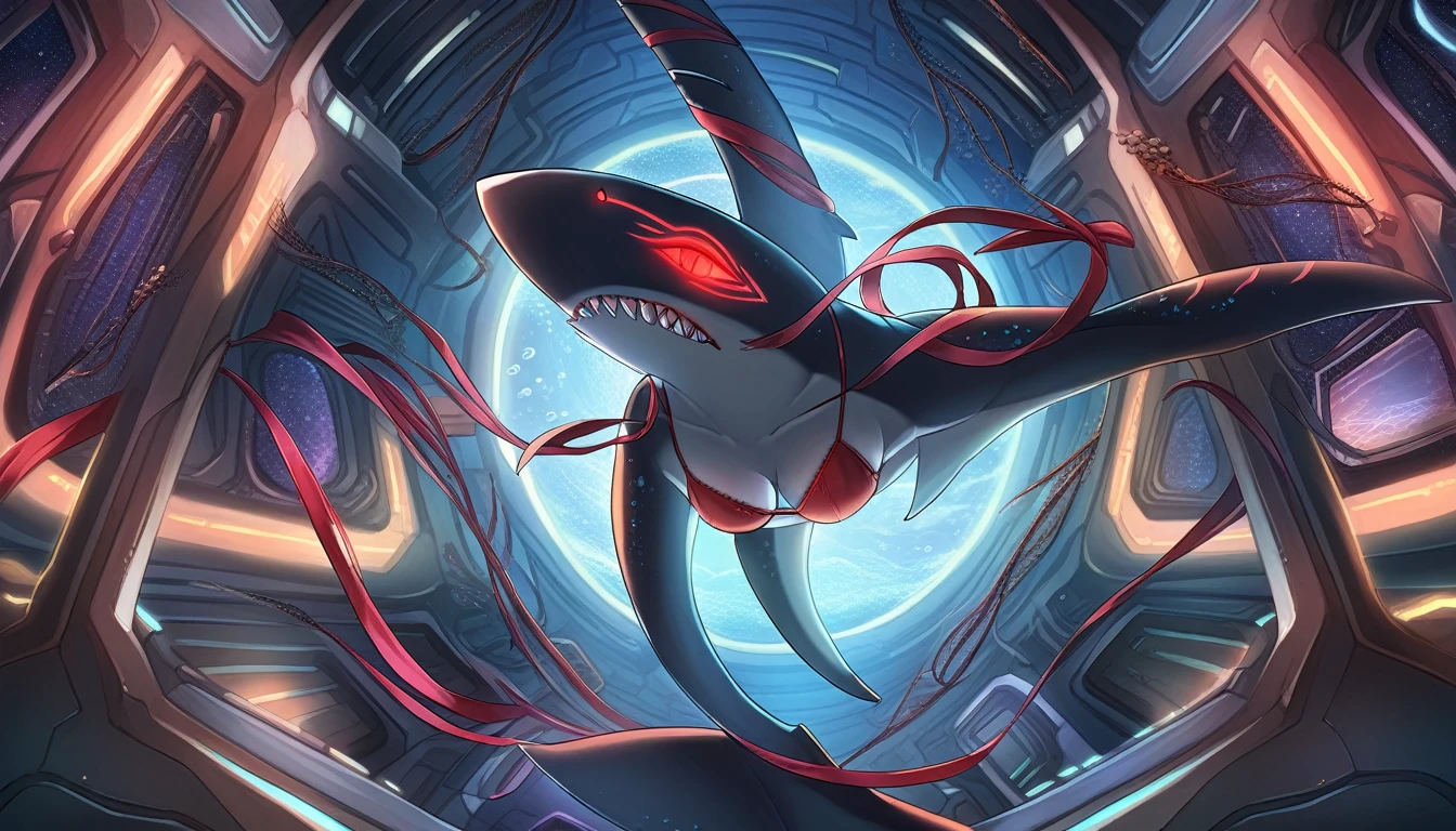 ((Masterpiece)), ((Best Quality)), (Very Detailed), ((Very Detailed)), 4K, (8K), very aesthetic, absurdres highres, 1woman, anthropomorphic shark, furry, kemono, A scene in which an android shaped like a shark stands in the starry sky of the space station. It has sharp teeth, glowing red eyes, and a black metal plate with shiny black accents. She is wearing a red bikini swimsuit, and the texture of the metal plates and the background of a futuristic underwater city are detailed. A red ribbon sways in zero gravity, with fine details around the eyes.