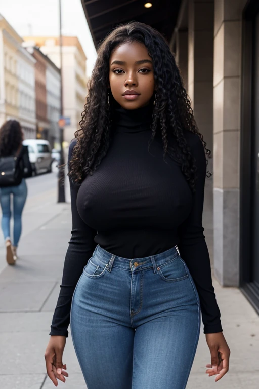 Masterpiece, Best Quality, 1 girl, alone, beautiful African and Asian mix , dark skinned woman, dark hair, long, frizzy, curly hair, Perfect face, cabello long, very large busts, (huge breasts: 1.4) sexy full body (perfect body dressed in a stylish black turtleneck that highlights her big nipples and tight blue jeans showing her big wide hips) and walking in the city
