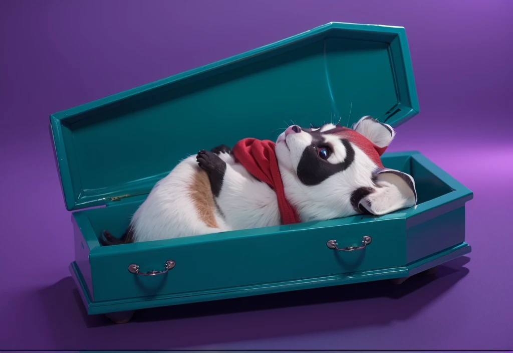 This image features a cartoonish raccoon character lying in a blue coffin. The raccoon is dressed in a purple outfit with a red scarf and has a black mask painted on its face. The character appears to be peacefully resting with its eyes closed. The scene is set against a gradient blue background, which enhances the somber yet whimsical nature of the image. The bright colors of the raccoon's outfit and the coffin create a striking contrast, adding to the surreal and imaginative quality of the scene.