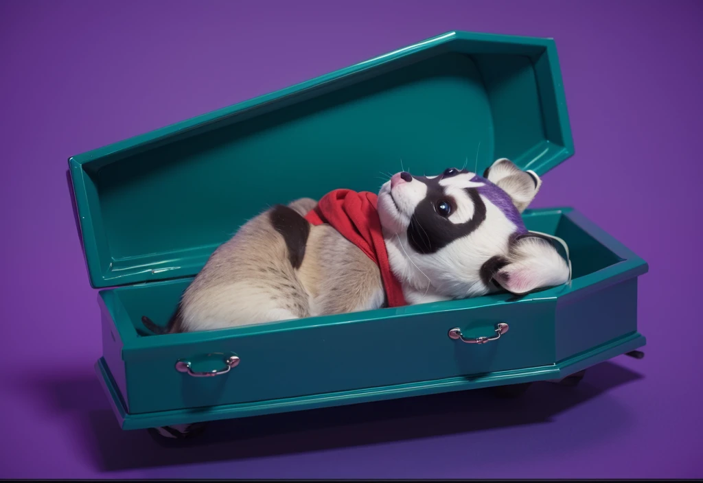 glossy cute This image features a cartoonish raccoon character glossy cute lying in a blue coffin. The raccoon is dressed in a purple outfit with a red scarf and has a black mask painted on its face. The character appears to be peacefully resting with its eyes closed. The scene is set against a glossy cute gradient blue background, which enhances the somber yet whimsical nature of the image. The bright colors of the raccoon's outfit and the glossy cute coffin create a striking glossy cute contrast, adding to the surreal and imaginative quality of the scene. purple cartoon 3D raccoon lies dead in a coffin with his eyes closed and his arms folded on his chest. purple cartoon 3D raccoon lies dead in a coffin with his eyes closed and his arms folded on his chest. purple cartoon 3D raccoon lies dead in a coffin with his eyes closed and his arms folded on his chest. glossy cute