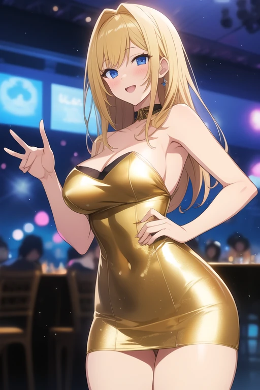 creates a 24-year-old anime girl with a gold-colored gala dress and a miniskirt with wide hips and breasts in a landscape of a luxurious and famous party hall