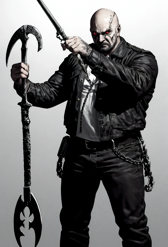/imagine prompt: Frank the Butcher, a demon hunter, wielding a hook with a chain as his weapon. He is tall, heavily built, with a belly, wearing dirty clothes. Frank is bald, with white skin, bloodshot eyes, and sharp piranha-like teeth. Capture him in a battle stance as a fearsome demon hunter, ready to confront supernatural foes. The scene portrays Frank's rugged and intimidating appearance, emphasizing his strength and ferocity in combating demons, Illustration, depicting Frank the Butcher in a dynamic and intense demon hunter battle pose, showcasing his unique features and formidable presence in the supernatural world, --ar 16:9 --v 5
