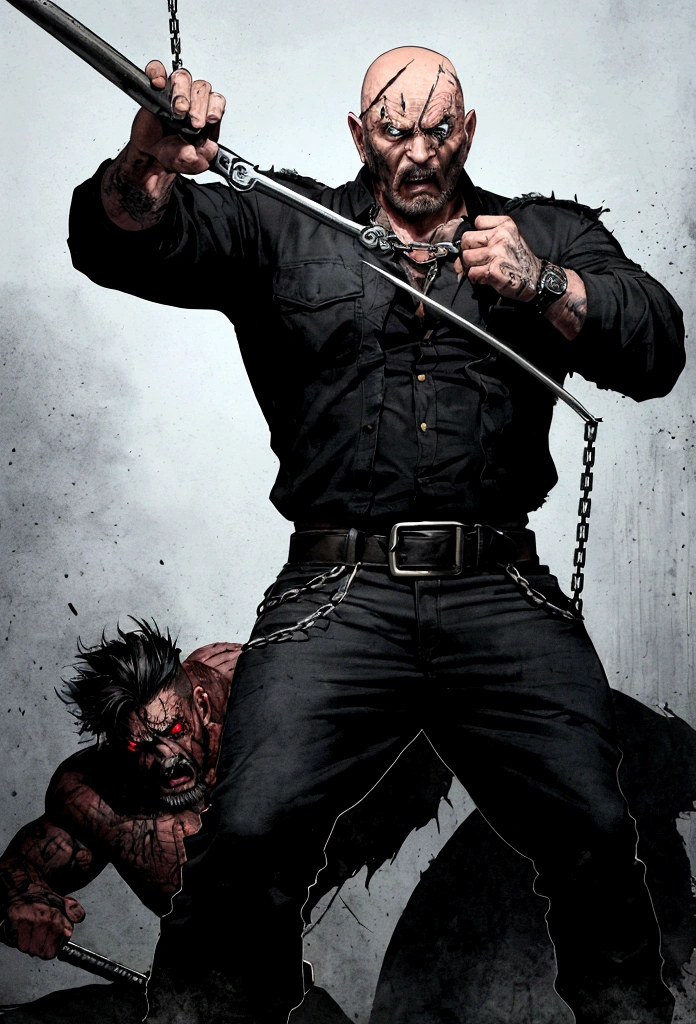 /imagine prompt: Frank the Butcher, a demon hunter, wielding a hook with a chain as his weapon. He is tall, heavily built, with a belly, wearing dirty clothes. Frank is bald, with white skin, bloodshot eyes, and sharp piranha-like teeth. Capture him in a battle stance as a fearsome demon hunter, ready to confront supernatural foes. The scene portrays Frank's rugged and intimidating appearance, emphasizing his strength and ferocity in combating demons, Illustration, depicting Frank the Butcher in a dynamic and intense demon hunter battle pose, showcasing his unique features and formidable presence in the supernatural world, --ar 16:9 --v 5
