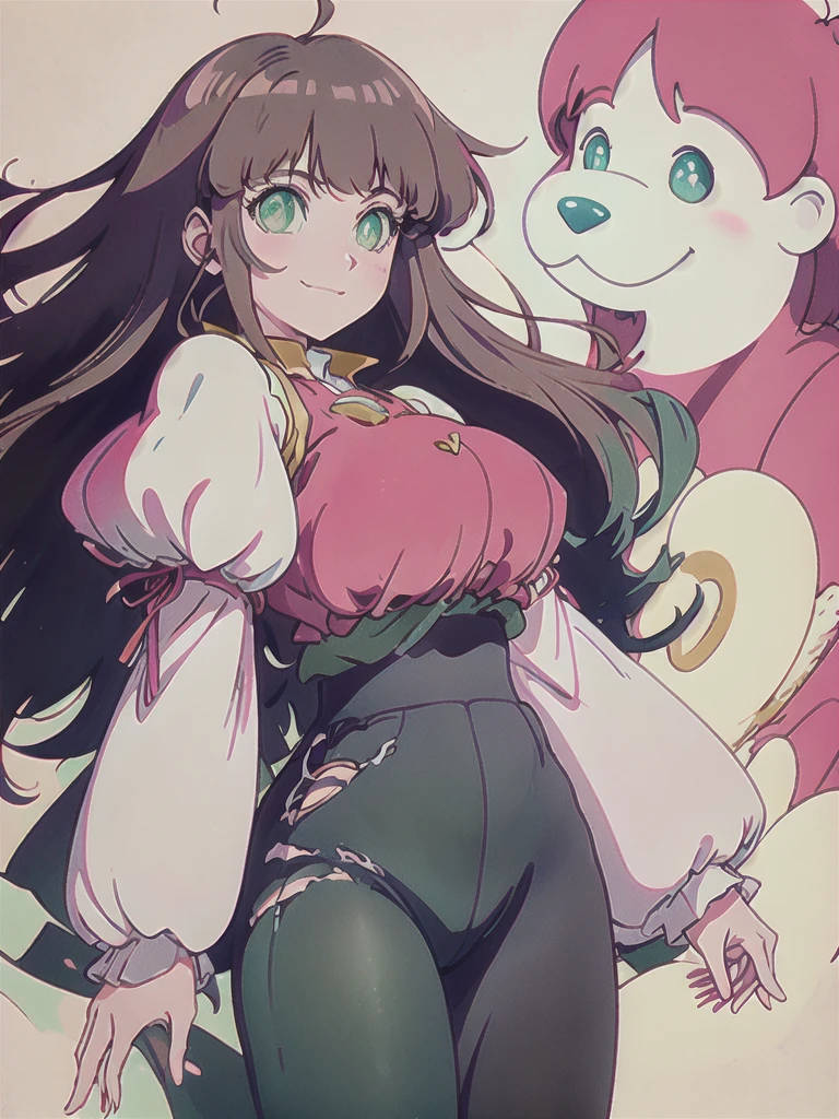 ((best quality)), ((masterpiece)), (detailed), caramel-brown skin, green eyes, anime, tan skin, red dress with red puffy sleeves, long and wavy brown hair worn down. Big innocent-looking green eyes. Proportionate curvy figure. Bubbly and cheerful woman. Long and wavy thigh-length hair. Grinning. wavy bangs. Simple red dress with same colored puffy sleeves. Black pants underneath. Anime woman. Anime woman.
