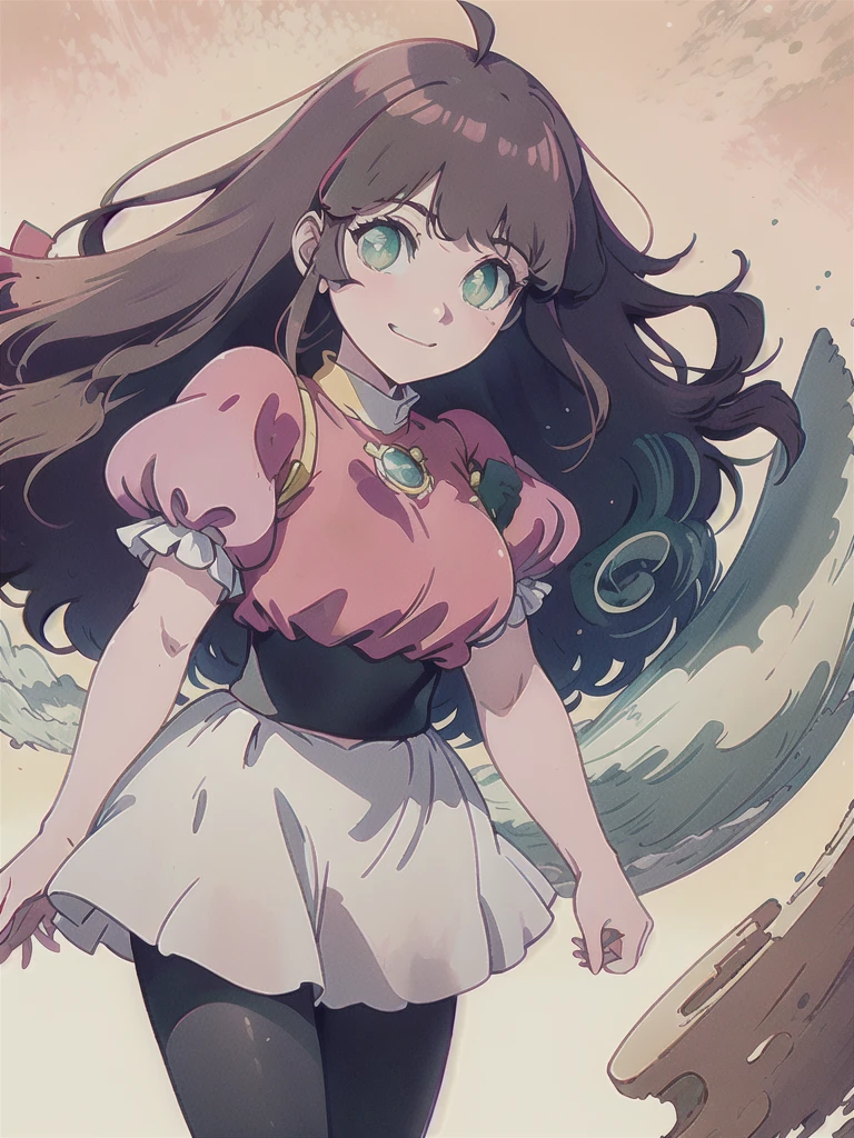 ((best quality)), ((masterpiece)), (detailed), caramel-brown skin, green eyes, anime, tan skin, red dress with red puffy sleeves, long and wavy brown hair worn down. Big innocent-looking green eyes. Proportionate curvy figure. Bubbly and cheerful woman. Long and wavy thigh-length hair. Grinning. wavy bangs. Simple red dress with same colored puffy sleeves. Black pants underneath. Anime woman. Anime woman.
