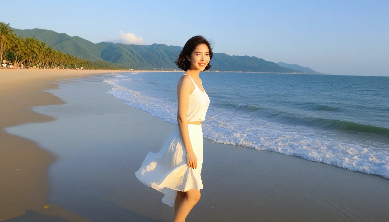 Beautiful Korean Woman, Chest size 34 inches, Wear sleeveless, light skirts, Looking at the sea from the beach at sunset. beautiful pretty woman look , wearing a light skirt , Go far into the sea water and soak your feet, wet, dark blue sky bright sun light, Short medium hair blowing in the wind, 1 woman, beautiful eyes, A slight smile, Beach with waves in Danang, Vietnam, palm trees visible, Taken from afar with a wide angle lens