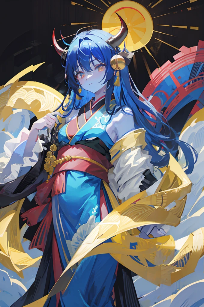 One woman、Blue Skin、Very long hair、Yellow Eyes、Devil horns、Japanese Kimono、Black kimono、(((upper body))),