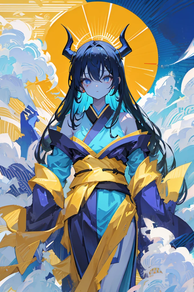 One woman、Blue Skin、Very long hair、Yellow Eyes、Devil horns、Japanese Kimono、Black kimono、(((upper body))),