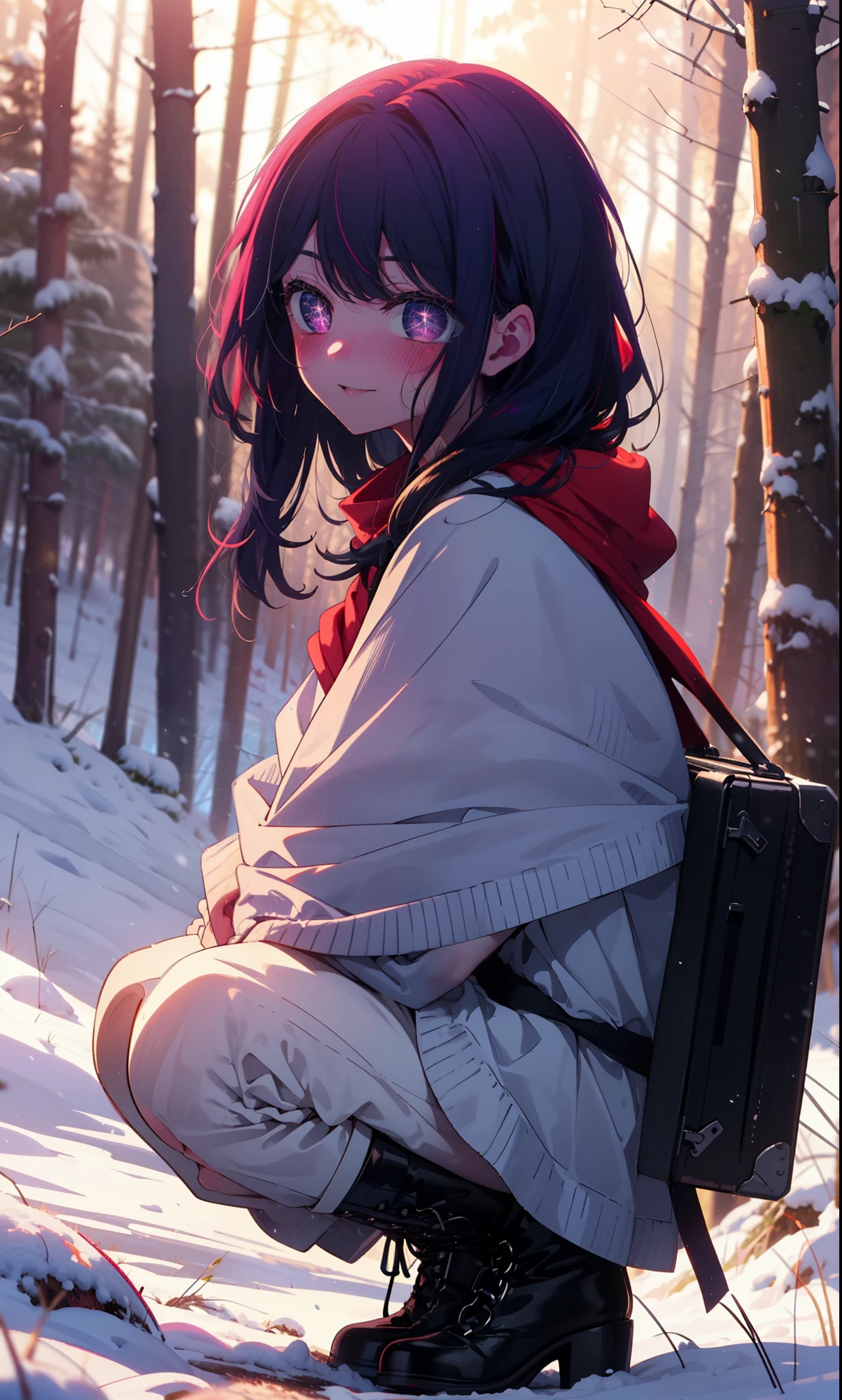 aihoshino, Ai Hoshino, Long Hair, bangs, (Purple eyes:1.1), Purple Hair, (Symbol-shaped pupil:1.5), smile,,smile,blush,White Breath,
Open your mouth,snow,Ground bonfire, Outdoor, boots, snowing, From the side, wood, suitcase, Cape, Blurred, , forest, White handbag, nature, Squat, Mouth closed, Cape, winter, Written boundary depth, Black shoes, red Cape break looking at viewer, Upper Body, whole body, break Outdoor, forest, nature, break (masterpiece:1.2), Highest quality, High resolution, unity 8k wallpaper, (shape:0.8), (Beautiful and beautiful eyes:1.6), Highly detailed face, Perfect lighting, Extremely detailed CG, (Perfect hands, Perfect Anatomy),