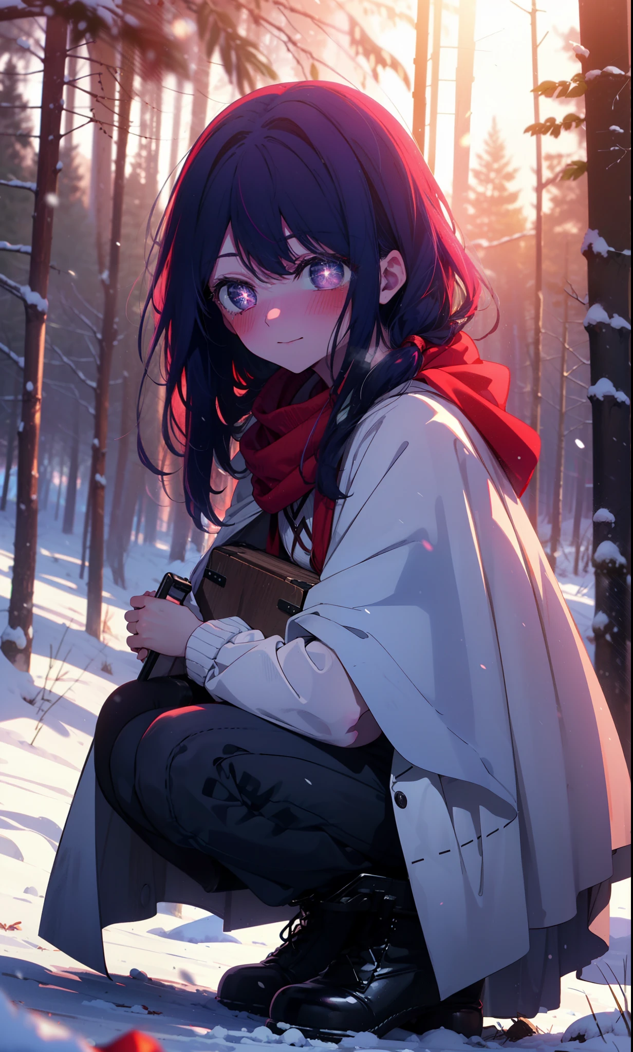 aihoshino, Ai Hoshino, Long Hair, bangs, (Purple eyes:1.1), Purple Hair, (Symbol-shaped pupil:1.5), smile,,smile,blush,White Breath,
Open your mouth,snow,Ground bonfire, Outdoor, boots, snowing, From the side, wood, suitcase, Cape, Blurred, , forest, White handbag, nature, Squat, Mouth closed, Cape, winter, Written boundary depth, Black shoes, red Cape break looking at viewer, Upper Body, whole body, break Outdoor, forest, nature, break (masterpiece:1.2), Highest quality, High resolution, unity 8k wallpaper, (shape:0.8), (Beautiful and beautiful eyes:1.6), Highly detailed face, Perfect lighting, Extremely detailed CG, (Perfect hands, Perfect Anatomy),