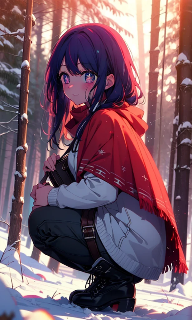 aihoshino, Ai Hoshino, Long Hair, bangs, (Purple eyes:1.1), Purple Hair, (Symbol-shaped pupil:1.5), smile,,smile,blush,White Breath,
Open your mouth,snow,Ground bonfire, Outdoor, boots, snowing, From the side, wood, suitcase, Cape, Blurred, , forest, White handbag, nature,  Squat, Mouth closed, Cape, winter, Written boundary depth, Black shoes, red Cape break looking at viewer, Upper Body, whole body, break Outdoor, forest, nature, break (masterpiece:1.2), Highest quality, High resolution, unity 8k wallpaper, (shape:0.8), (Beautiful and beautiful eyes:1.6), Highly detailed face, Perfect lighting, Extremely detailed CG, (Perfect hands, Perfect Anatomy),
