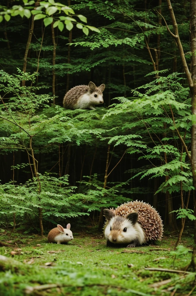 Create a beautiful forest, and below there is a hedgehog and a bunny 