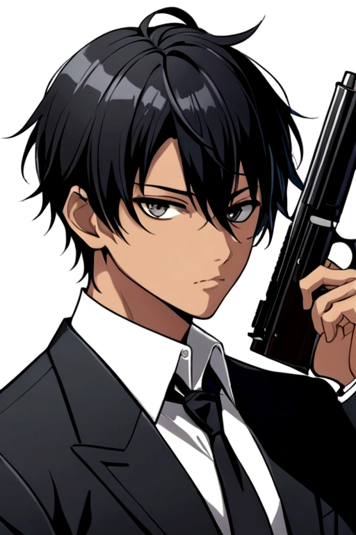 Anime boy short black hair with black eyes light skin wearing suit with a gun in his hand 