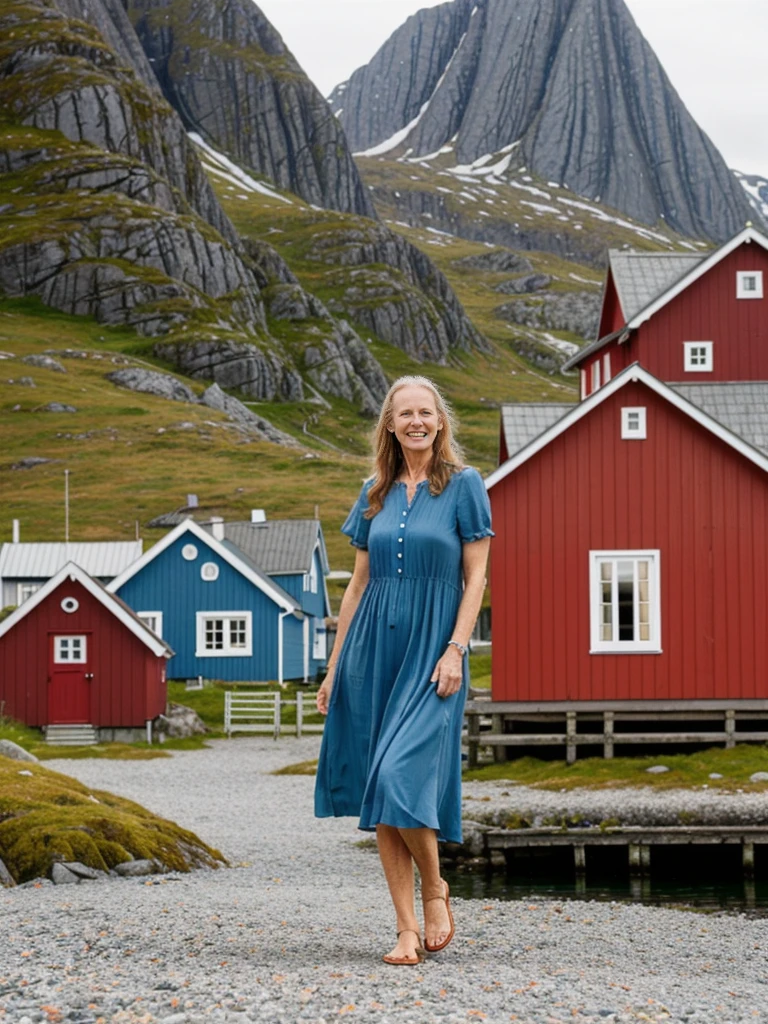 Liv Ullman, her name is Freydis, high quality, 1 old woman, ((50-year-old SLIM dutch woman)), ((50 years old)), (((wrinkled body))), ((((old body)))), (((LONG HAIR))), (((no make up))), (pale skin), (((blue eyes))), she is wearing stylish COLORFUL SUNDRESS wear different colors, POSE: WALKING, classy, laughing, happy, BACKGROUND: outdoor: Lofoten Islands: Quaint fishing villages with traditional red or yellow wooden cabins (rorbuer) along the shoreline.