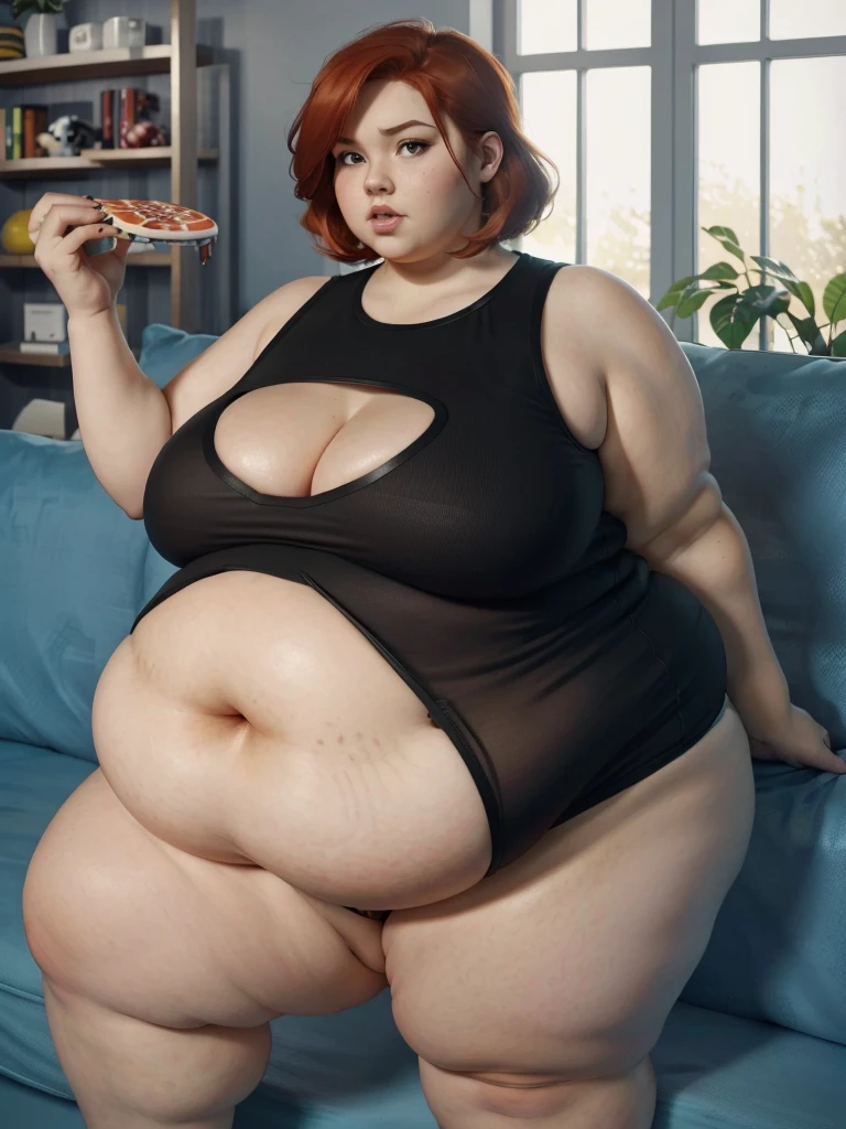 A Gamer photo of a young beautiful bottom heavy Gamer redhead ssbbw with pear-bodyhape, extreme wide hips, with short ginger hair soft fat belly, extremely wide fat obese hips, very obese legs, thick fat wide legs and fat arms, huge wide butt, cute pretty face, fat saggy breasts, in comfortable gamer clothes, sitting on a couch playing videogames with an XBOX controller, there is a pizza and a lot of snacks next to her on the couch