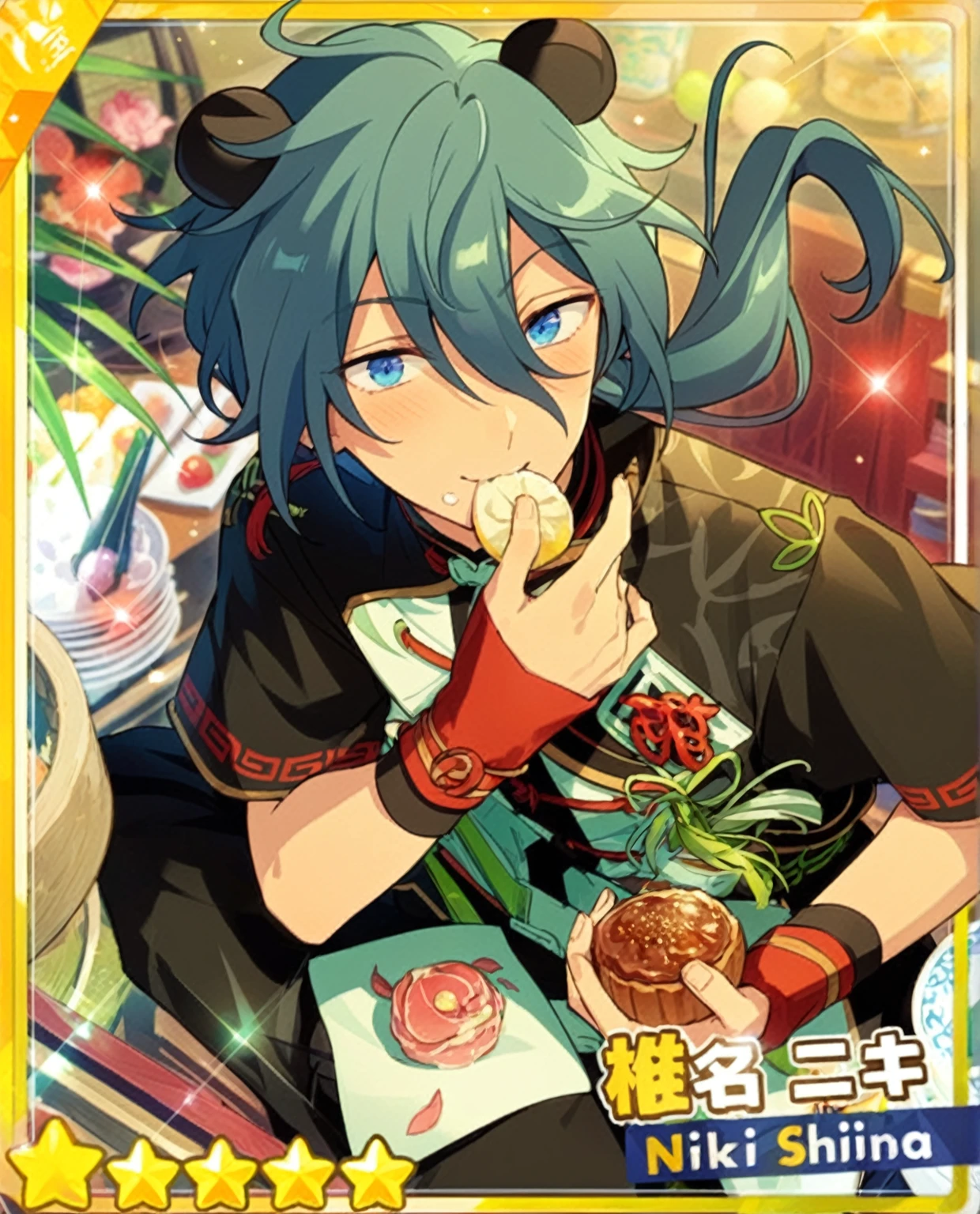 close-up of a man, holding a plate of food, Handsome Japanese demon boy, Otaku from Gangi, Also, Keqing from Genshin&#39;s blow, anime cover, zhongli from genshin impact, official work of art, Come on Yatate, inspired by Okumura Masanobu, anime moe artstyle, Collectible card, profile picture 1024px