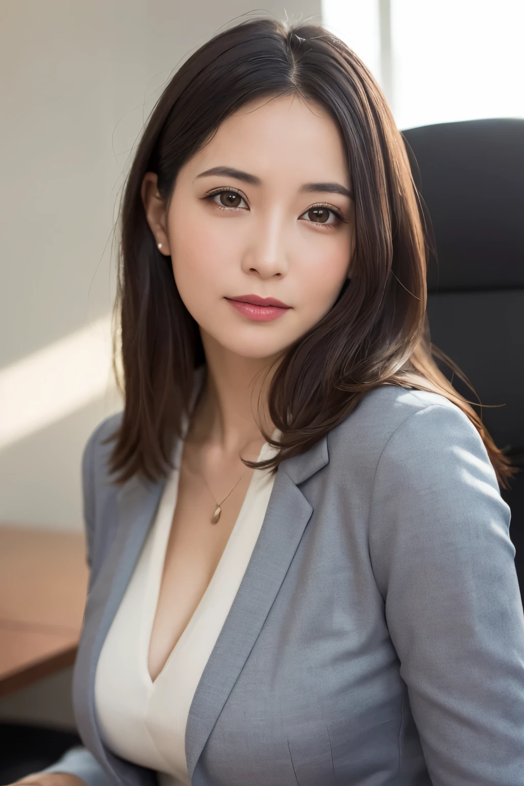 One girl, Mature Woman, suit, photograph, Realistic, Highest quality, employment, Detailed face, office, Detailed Background, conference room,Diffused sunlight, Depth of written boundary, Bokeh