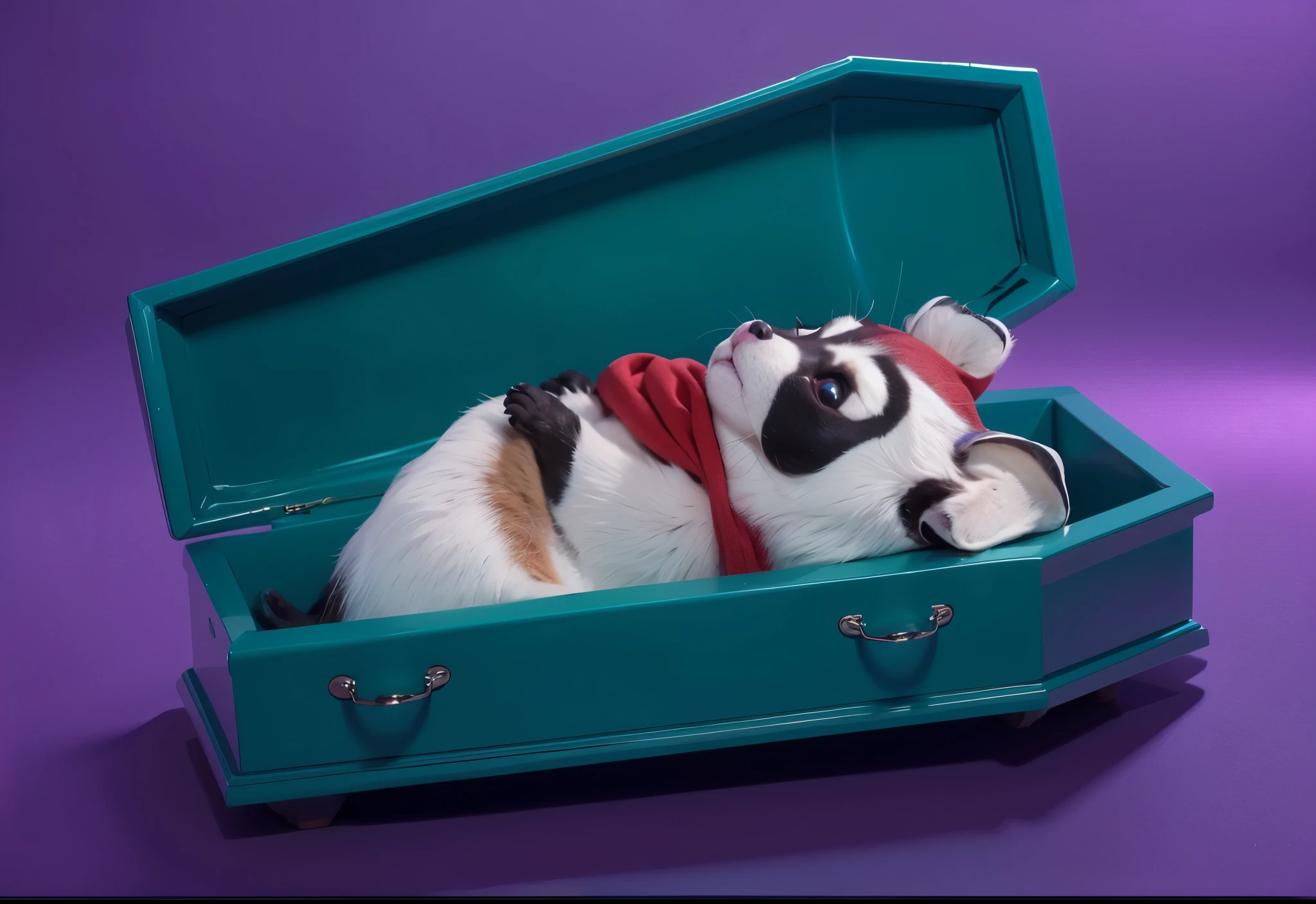 glossy cute This image features a cartoonish raccoon character glossy cute lying in a blue coffin. The raccoon is dressed in a purple outfit with a red scarf and has a black mask painted on its face. The character appears to be peacefully resting with its eyes closed. The scene is set against a glossy cute gradient blue background, which enhances the somber yet whimsical nature of the image. The bright colors of the raccoon's outfit and the glossy cute coffin create a striking glossy cute contrast, adding to the surreal and imaginative quality of the scene. purple cartoon 3D raccoon lies dead in a coffin with his eyes closed and his arms folded on his chest. purple cartoon 3D raccoon lies dead in a coffin with his eyes closed and his arms folded on his chest. purple cartoon 3D raccoon lies dead in a coffin with his eyes closed and his arms folded on his chest. glossy cute