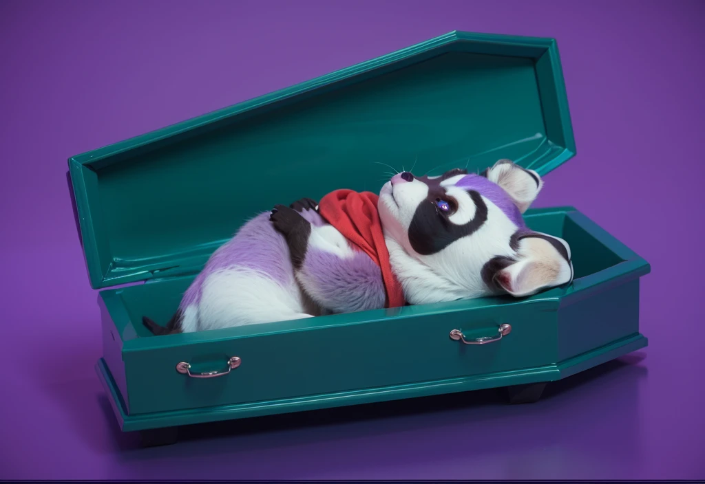 glossy cute This image features a cartoonish raccoon character glossy cute lying in a blue coffin. The raccoon is dressed in a purple outfit with a red scarf and has a black mask painted on its face. The character appears to be peacefully resting with its eyes closed. The scene is set against a glossy cute gradient blue background, which enhances the somber yet whimsical nature of the image. The bright colors of the raccoon's outfit and the glossy cute coffin create a striking glossy cute contrast, adding to the surreal and imaginative quality of the scene. purple cartoon 3D raccoon lies dead in a coffin with his eyes closed and his arms folded on his chest. purple cartoon 3D raccoon lies dead in a coffin with his eyes closed and his arms folded on his chest. purple cartoon 3D raccoon lies dead in a coffin with his eyes closed and his arms folded on his chest. glossy cute