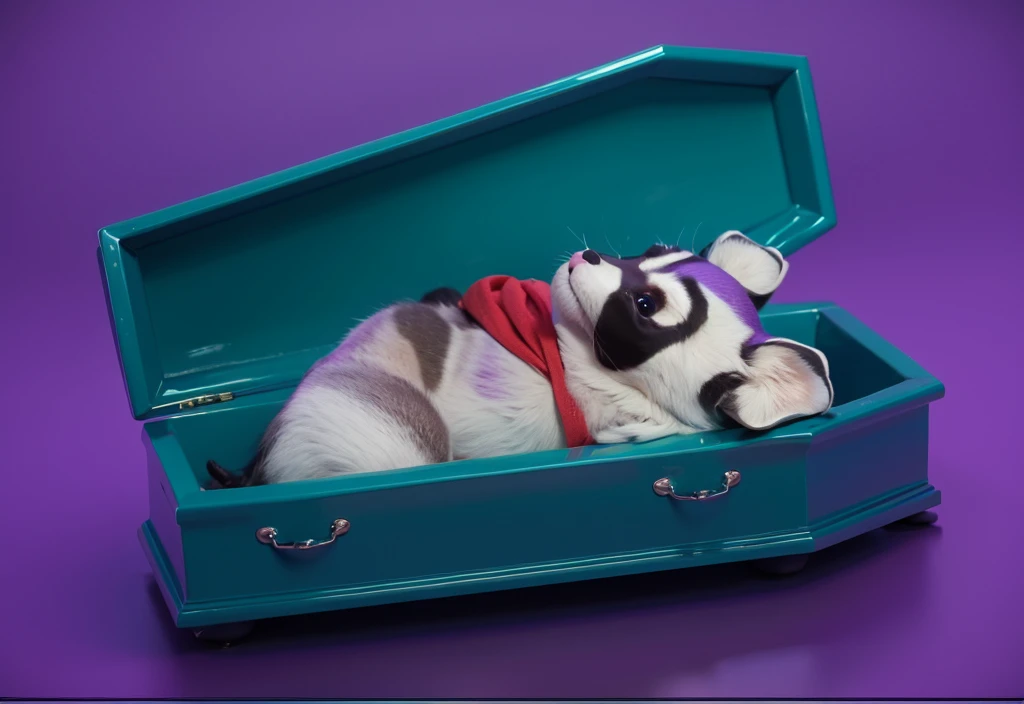 glossy cute This image features a cartoonish raccoon character glossy cute lying in a blue coffin. The raccoon is dressed in a purple outfit with a red scarf and has a black mask painted on its face. The character appears to be peacefully resting with its eyes closed. The scene is set against a glossy cute gradient blue background, which enhances the somber yet whimsical nature of the image. The bright colors of the raccoon's outfit and the glossy cute coffin create a striking glossy cute contrast, adding to the surreal and imaginative quality of the scene. purple cartoon 3D raccoon lies dead in a coffin with his eyes closed and his arms folded on his chest. purple cartoon 3D raccoon lies dead in a coffin with his eyes closed and his arms folded on his chest. purple cartoon 3D raccoon lies dead in a coffin with his eyes closed and his arms folded on his chest. glossy cute