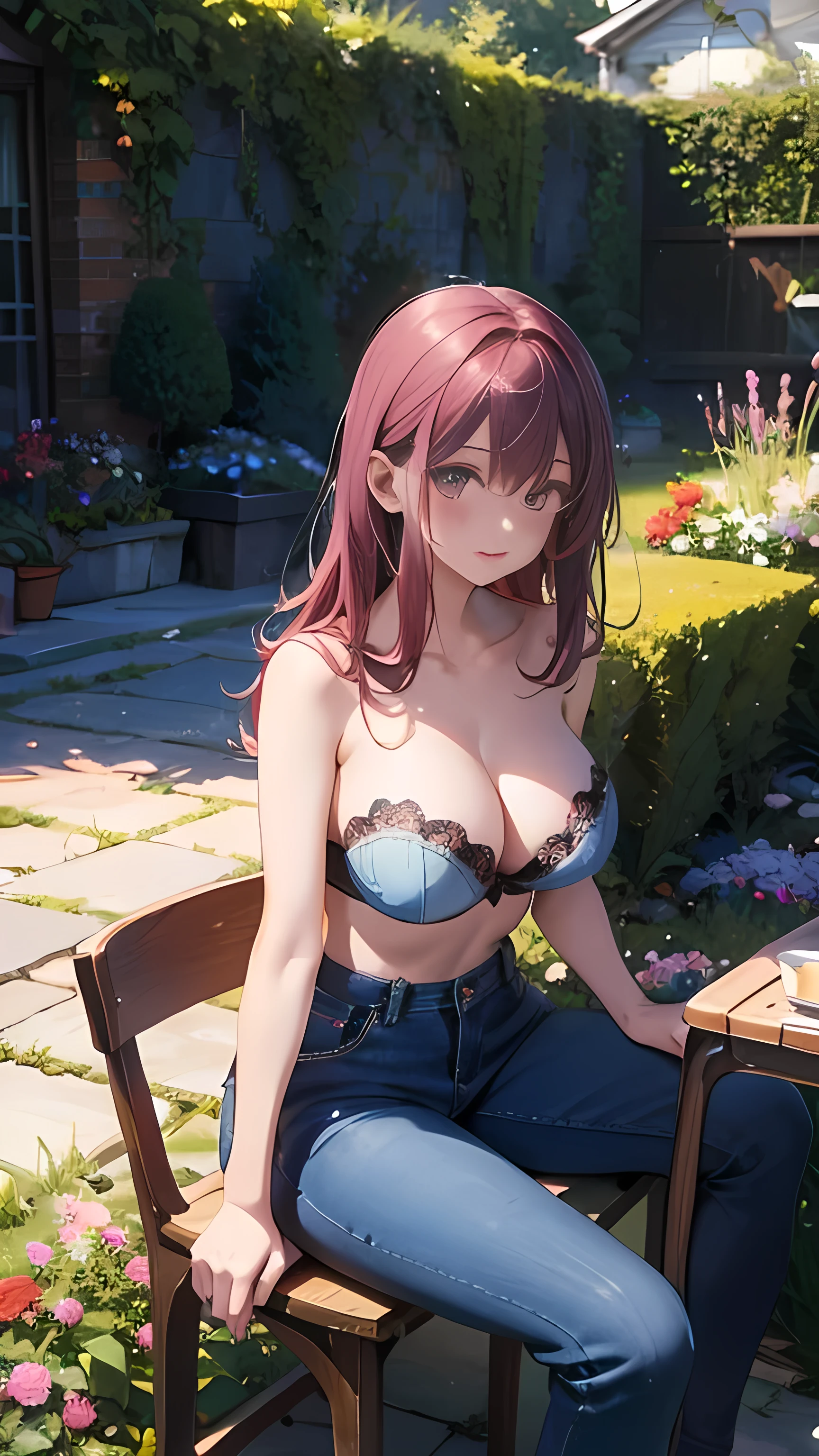 illustration:Ultra-delicate,White skin,Large breasts:15,Denim black pants1:5,Black underwear 1:5,Strapless bra1:5,Long pink hair,The background is the garden,There are chairs in the garden,sit on the chair,Cover your legs with a blanket,The fluffy quilt is still on my legs