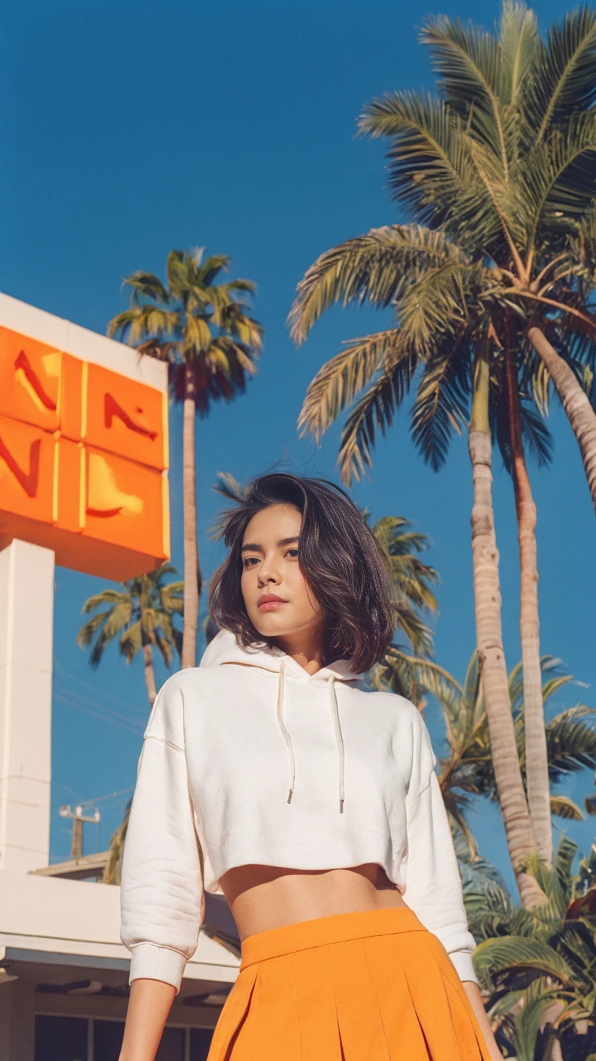 long shot portrait of cute 23 yo girl ,wear ((orange color oversized hoodie)), wear ((purple tennis skirt)),looking viewer,Best Quality,Masterpiece,Ultra High Resolution,(Realisticity:1.4),Original Photo, 1Girl, light leak,ultra high resolution,UHD,beautiful, (black bob hair), almond eye, no makeup, in front of ((80's mondrian architecture motel)), (realistic:1.2), (surreal:1.3), (very detailed:1.1), ((masterpiece)),summer, blue sky, palm trees,sunny, los angles vibes,film camera, 800mm lens,style of Philip Lorca diCorcia