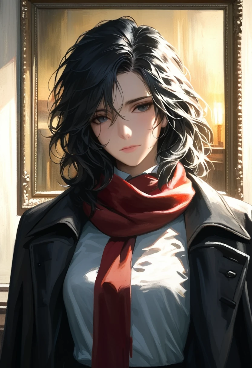 ((adult)), (woman), ((tall)), Moses from distortion detective, masterpiece, best quality, dark aura, short black hair with white strips, (messy hair), plain white shirt, coat over shoulders, white shirt, red scarf tie, (faint smile), realistic anime style, (oil painting), dark old manor background, night, impasto.
