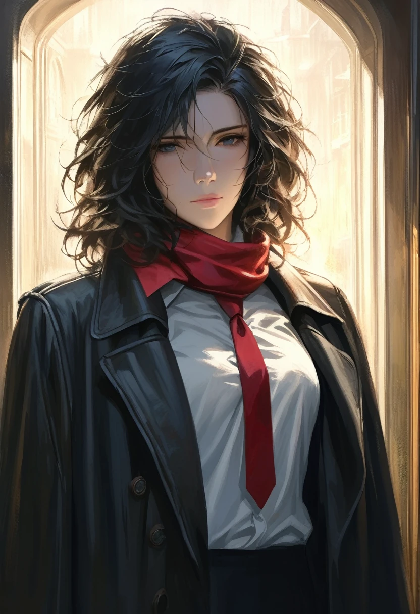 ((adult)), (woman), ((tall)), Moses from distortion detective, masterpiece, best quality, dark aura, short black hair with white strips, (messy hair), plain white shirt, coat over shoulders, white shirt, red scarf tie, (faint smile), realistic anime style, (oil painting), dark old manor background, night, impasto.