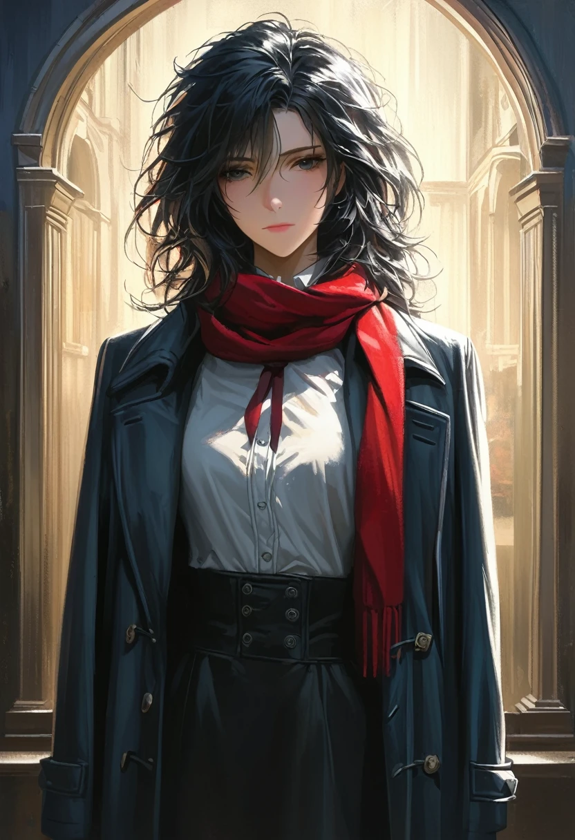((adult)), (woman), ((tall)), Moses from distortion detective, masterpiece, best quality, dark aura, short black hair with white strips, (messy hair), plain white shirt, coat over shoulders, white shirt, red scarf tie, (faint smile), realistic anime style, (oil painting), dark old manor background, night, impasto.