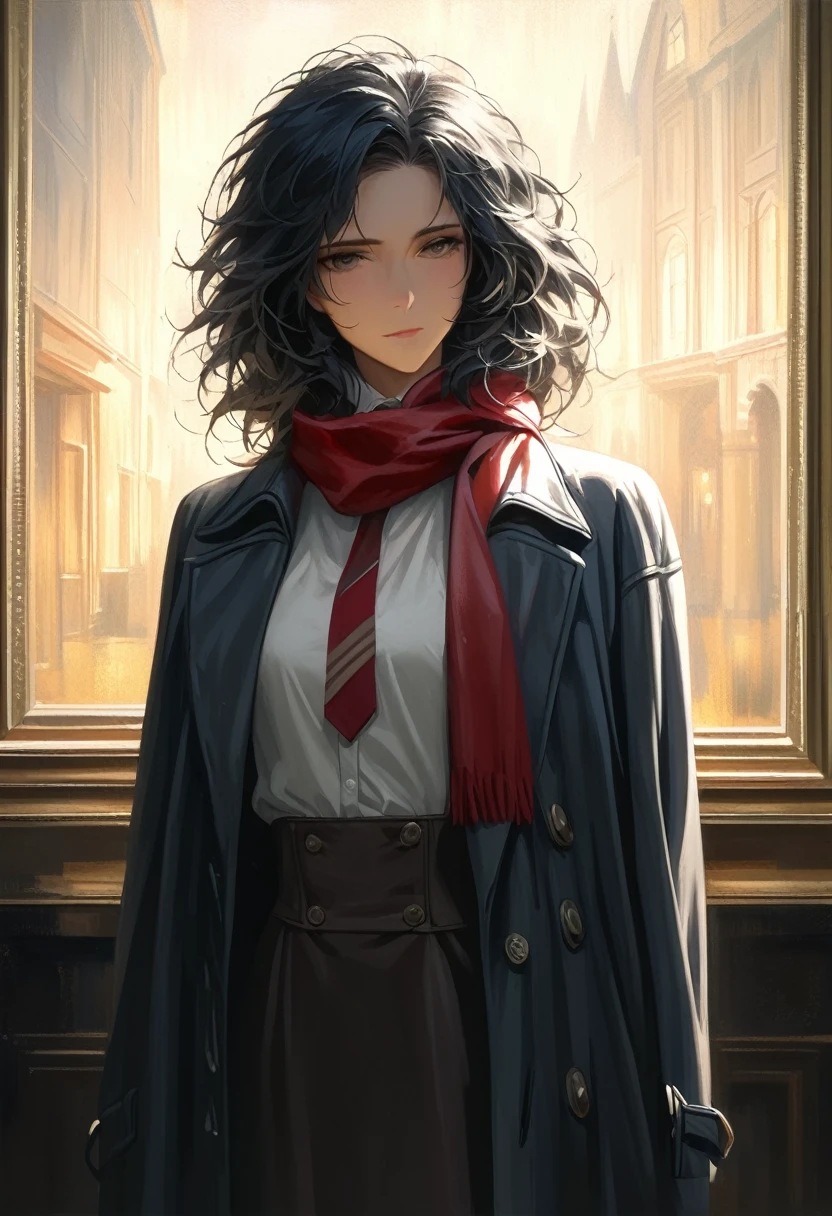 ((adult)), (woman), ((tall)), Moses from distortion detective, masterpiece, best quality, dark aura, short black hair with white strips, (messy hair), plain white shirt, coat over shoulders, white shirt, red scarf tie, (faint smile), realistic anime style, (oil painting), dark old manor background, night, impasto.
