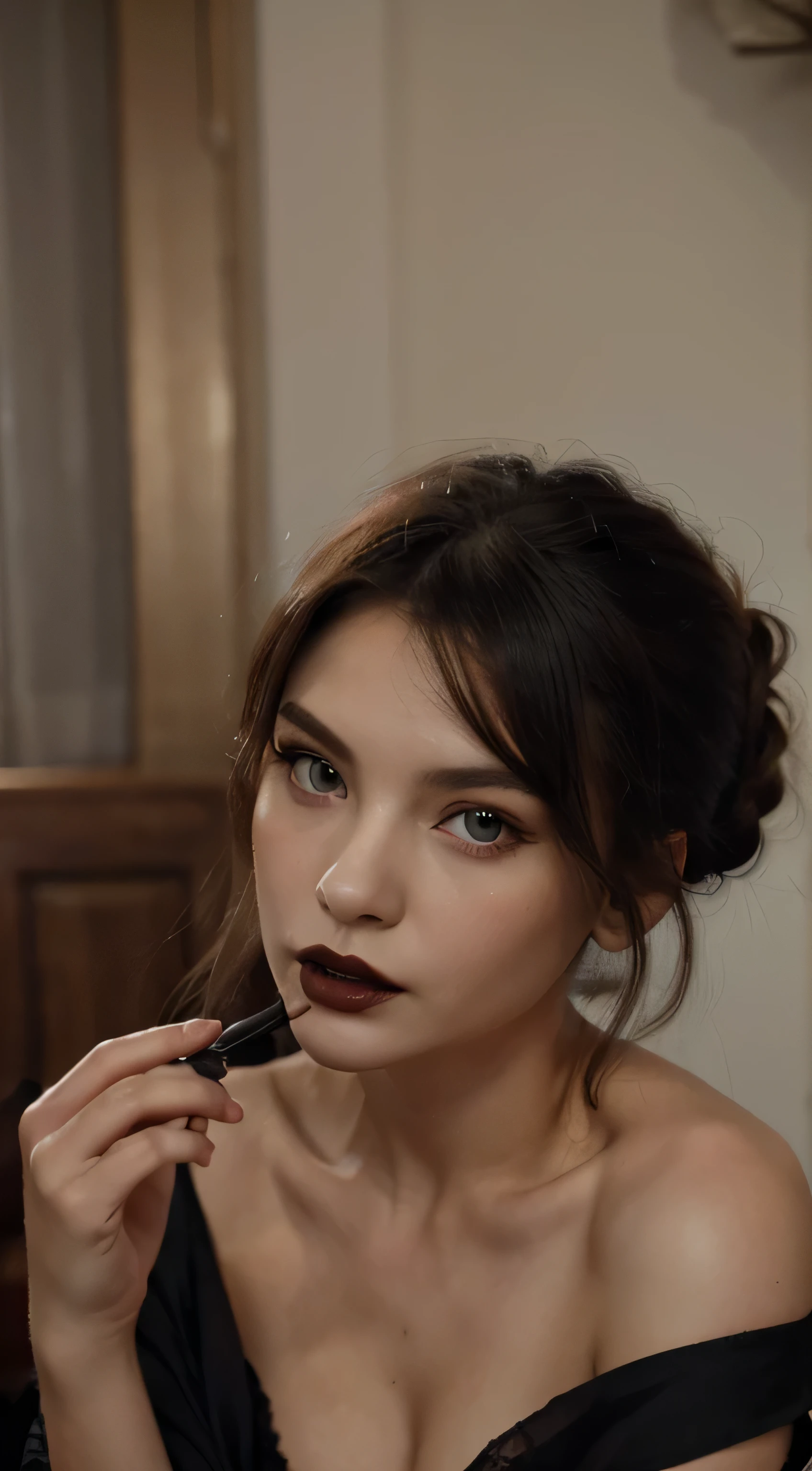 A girl、incomparable beauty、Beautiful face、dear red、fine eyes、(((Vampire、deep red eyes、BLACK LIPS、Expressionless)))、dark fantasy、Drifting eroticism、bun hair、rubio、classy dresses、small breasts、Old City、dark living room、luxurious ornaments、dark lighting、dark lighting、Masterpiece、of the highest quality、Super resolution、Better image quality、super detailed、
