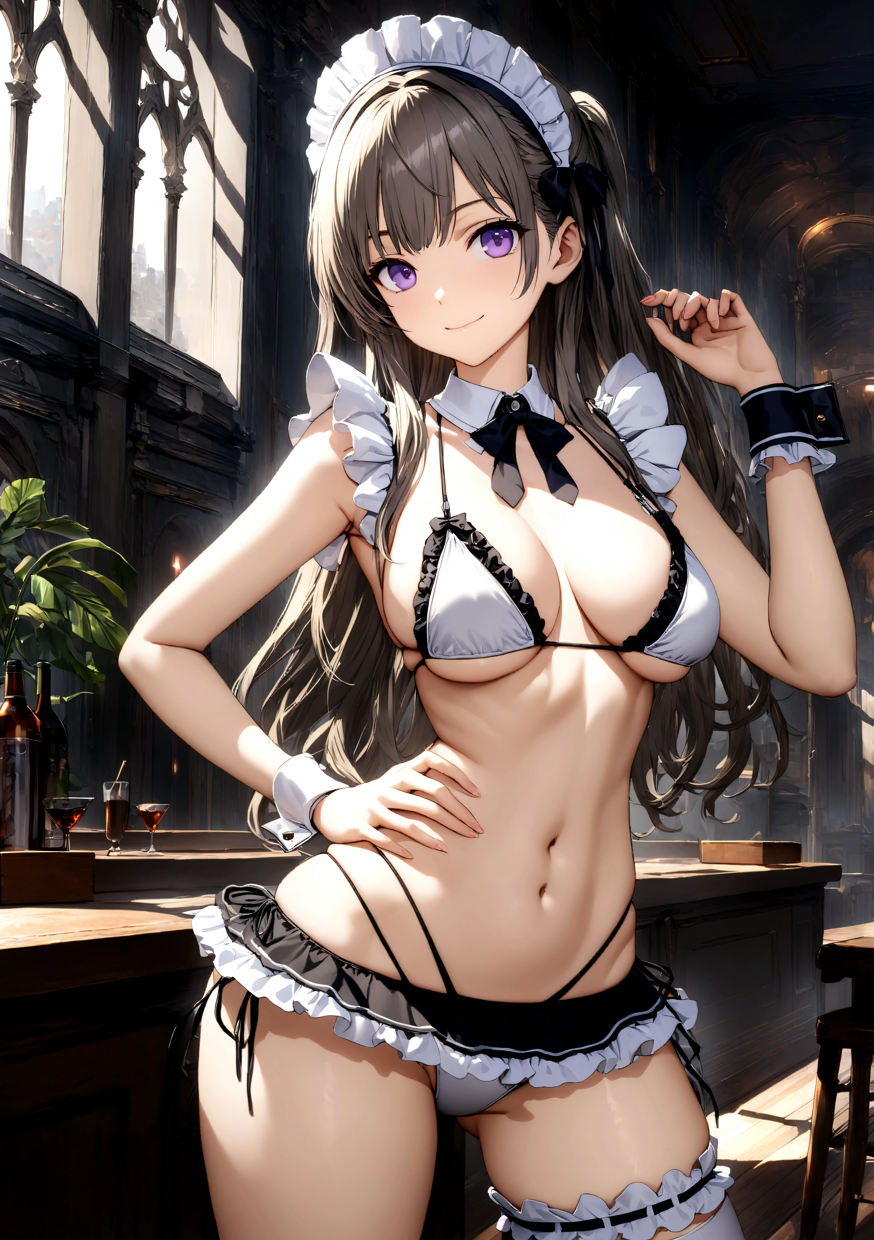 ((32k)), ((best quality)), ((ultra high res)), ((HDR)), ((UHD)), ((extremely detailed CG)), ((unity 32k wallpaper)), (((18 years old))), 1 girl, closed mouth, standing, purple eyes, swimsuit, bikini, thighs, cowboy shot, frills, indoors, hand up, stomach, white thighhighs, hand on hip, wrist cuffs, maid, maid headdress, bare arms, skindentation, detached collar, side-tie bikini bottom, white bikini, single thighhigh, string bikini, frilled bikini, bridal garter, maid bikini, smile, large breasts,