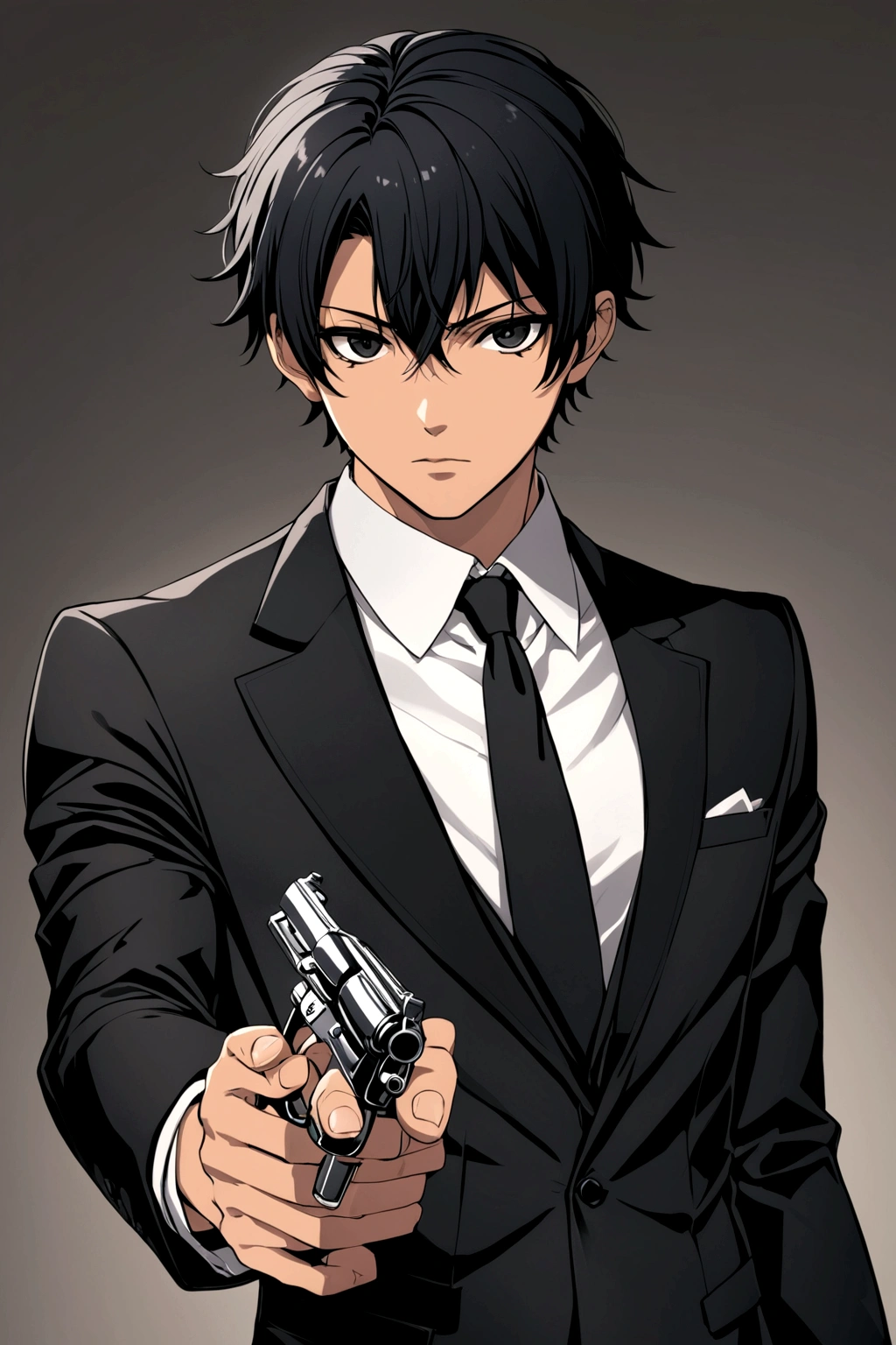 Anime boy short black hair with black eyes light skin wearing suit with a gun in his hand