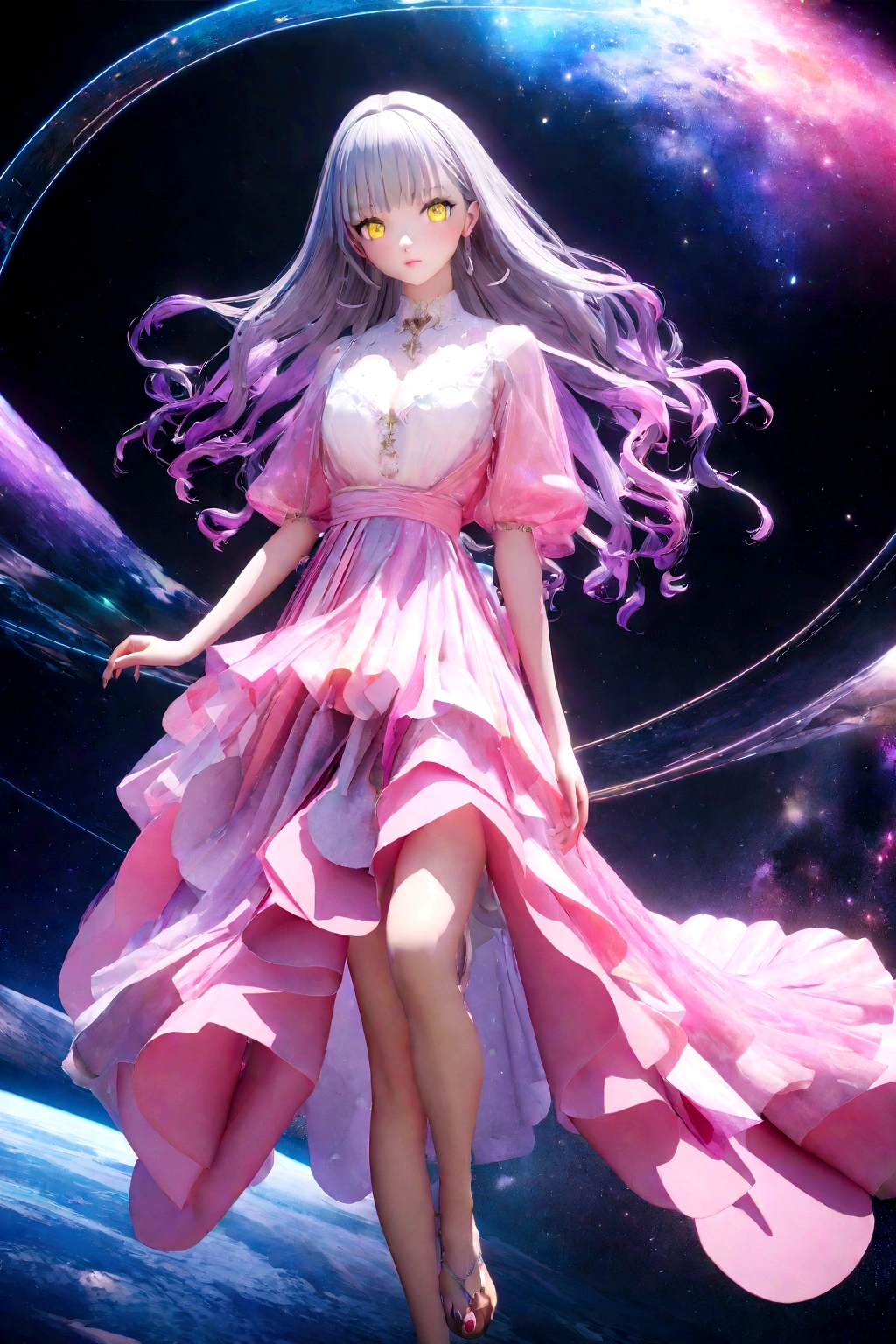, アニメアート壁紙 8K, best anime 4k , anime art wallpaper 4k, anime art wallpaper 4k, Anime Style 4k, detailed Digitalアニメアート, Digitalアニメアート, anime wallpaper 4k, anime wallpaper 4k, Holography in anime, Draw in neon colors:1 girl:future, transparent, 3d, Light, sf, Digital art, Digital, scientific, Dark Background: electronic circuit: Draw in neon colors, 3d, masterpiece, Digital空間, energy, beautiful, masterpiece, 8K, Light, Familiar, Vibrant, colorful, Nice, beautiful, Rich colors, beautiful ,. Magical Effects, Sparkling, beautiful Light ,Luxury Fashion,girl, Inji, Purple Hair, Yellow Eyes, Long Hair, Gray Hair, Gradient Hair,curl,Wave,Platinum Gradation,Fine details,Chic and stylish,Perfect Makeup,Glamorous expression,Beautiful and delicate eyes,Beautiful and delicate lips,Dior Pink Lip,Background Night,Bamboo,A wish strip,The Milky Way filled with stars,White, red and blue yukata,Dark blue band,There is only one bell hanging from the obi.,Draw down to your feet,protocol,colorful,Sad expression,Like waiting for someone,Background with rolled up stars々,