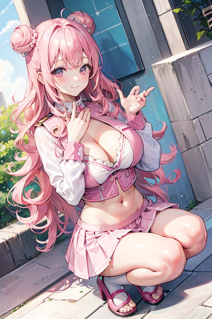 one woman, pink hair, gyaru, canine, aquamarine eyes, Double bun ,
navel, manicure, curly long hair, neat white uniform, smiling eyes, smile brightly, squatting cleavage, cute, short pink skirt, very large breasts