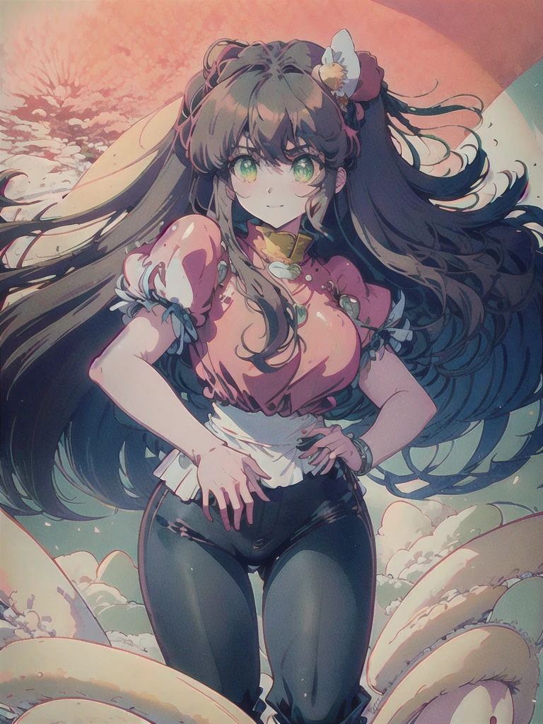 ((best quality)), ((masterpiece)), (detailed), caramel-brown skin, green eyes, anime, tan skin, red dress with red puffy sleeves, long and wavy brown hair worn down. Big innocent-looking green eyes. Proportionate curvy figure. Bubbly and cheerful woman. Long and wavy thigh-length hair. Grinning. wavy bangs. Simple red dress with same colored puffy sleeves. Black pants underneath. Anime woman. Anime woman.
