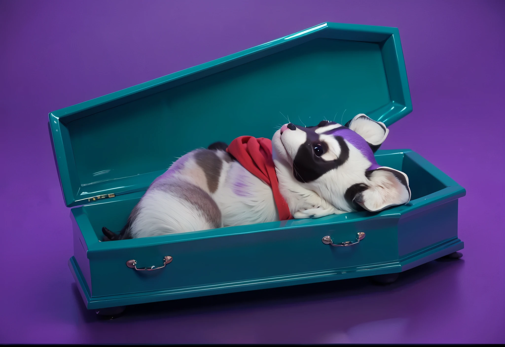 glossy cute This image features a cartoonish raccoon character glossy cute lying in a blue coffin. The raccoon is dressed in a purple outfit with a red scarf and has a black mask painted on its face. The character appears to be peacefully resting with its eyes closed. The scene is set against a glossy cute gradient blue background, which enhances the somber yet whimsical nature of the image. The bright colors of the raccoon's outfit and the glossy cute coffin create a striking glossy cute contrast, adding to the surreal and imaginative quality of the scene. purple cartoon 3D raccoon lies dead in a coffin with his eyes closed and his arms folded on his chest. purple cartoon 3D raccoon lies dead in a coffin with his eyes closed and his arms folded on his chest. purple cartoon 3D raccoon lies dead in a coffin with his eyes closed and his arms folded on his chest. glossy cute