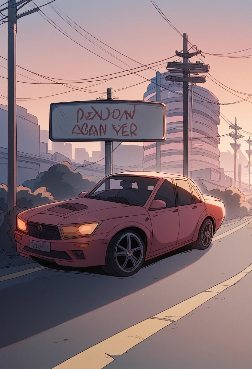One {white|black|red|green|pink) The car is parked on the side of the road :: pink sunset and city in the background :: 1980 :: Luxury style :: Ultra-detailed : Ultra-realistic :: Cinematic :: Neon lighting :: Unreal Engine :: RTX --ar 2:3, (VOneZ2113),