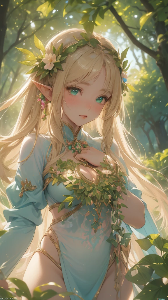 work of art, ultra creative, epic details, ultra detaild, best resolution, Woman, archer, blonde, (Beautiful nymph), ( robust wreath of leaves and pink and blue flowers), sculptural body, (clothes made with green leaves), ((perfect hands))), scenario:Enchanted Forest),  no mistakes, (((epic details na face))), (((ultra perfect eyes)))